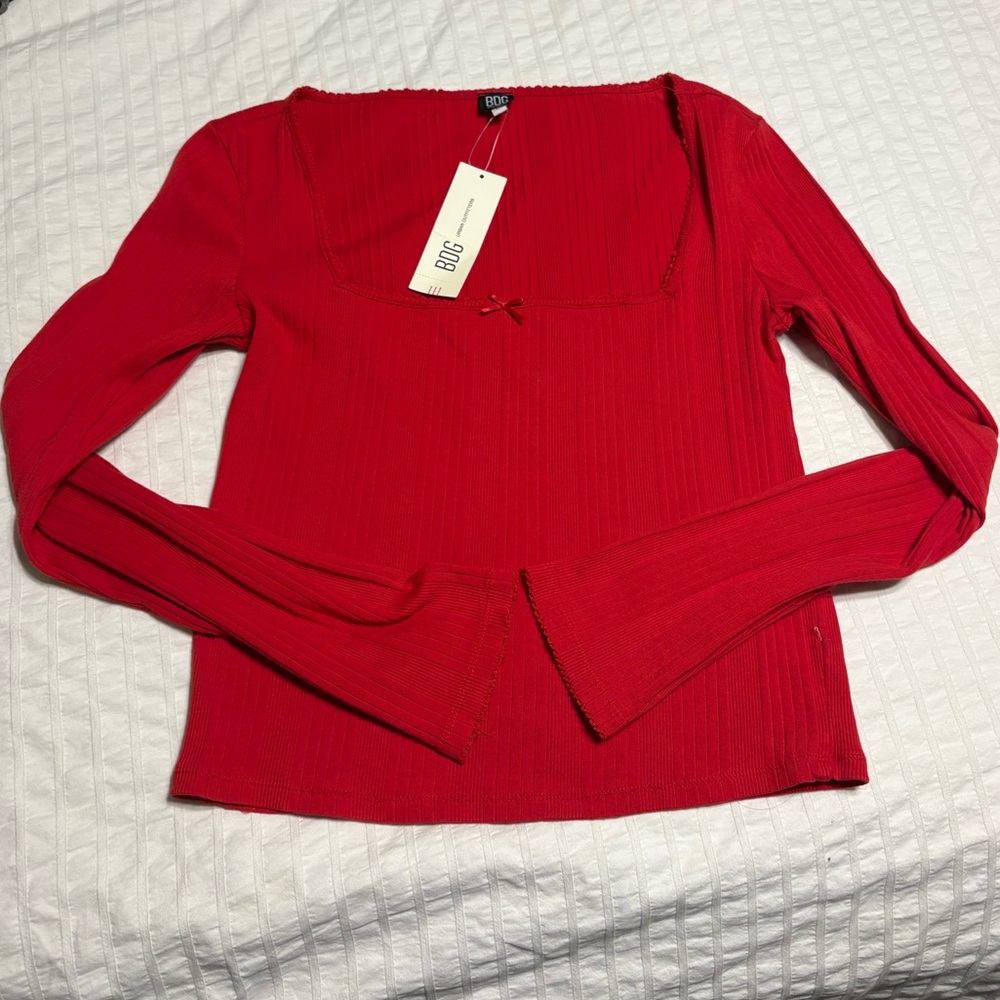 BDG Red Long Sleeve Top with Bow Detail